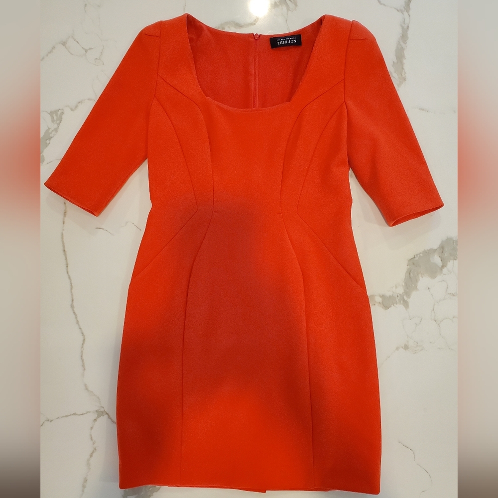 Teri Jon By Rickie Freeman Orange Sheath Dress Square Neck Cocktail Dress